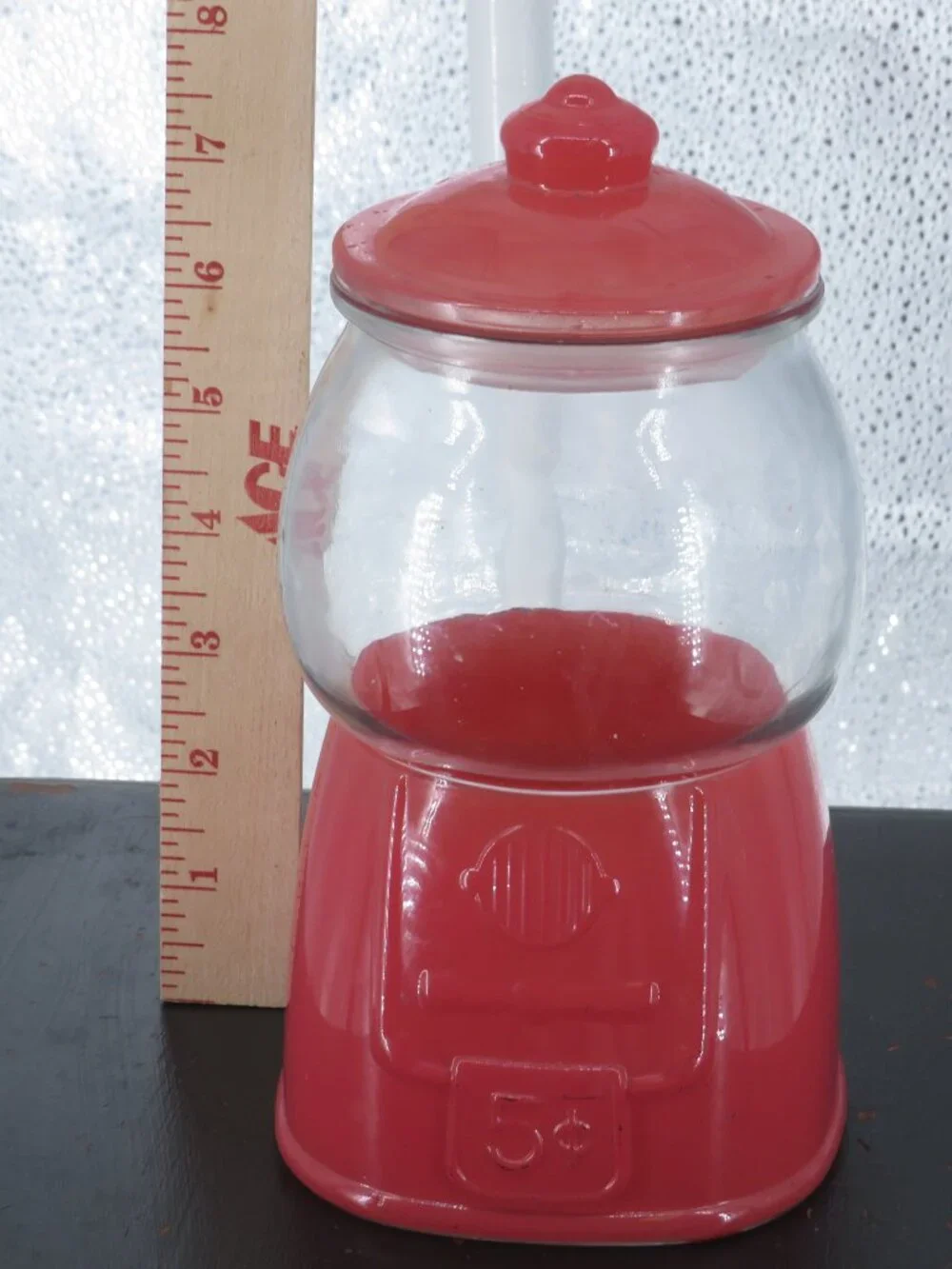 gumball machine candy jar red glass 8 in retro style canister container 5 cent